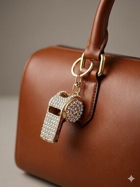 Rhinestone Whistle Keychain | Gold Tone Crystal Bling Bag Charm
